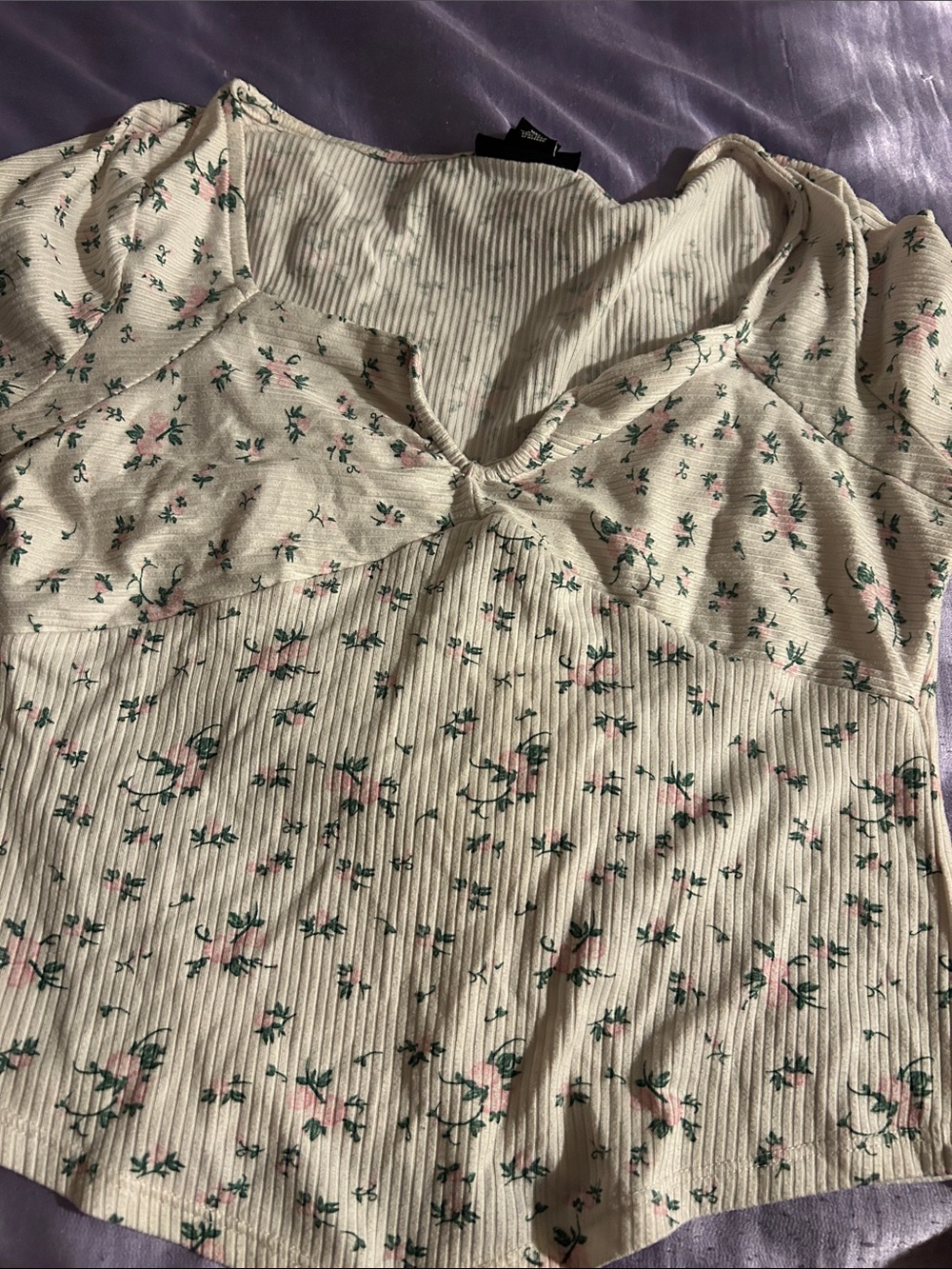 Ribbed Floral V-Neck Crop Top - Cream with Pink Floral